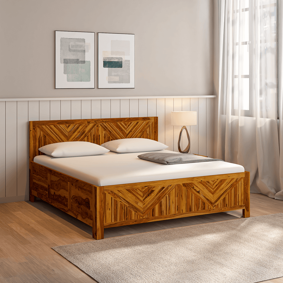 Alpha Sheesham Wood Bed With Box Storage in Light Honey colour