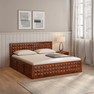 Pluto Sheesham Wood Storage Hydraulic Bed In Reddish Rosewood
