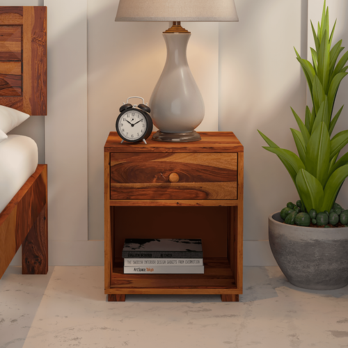 Rivo Sheesham Wood BedSide Table with Drawer In Light Honey