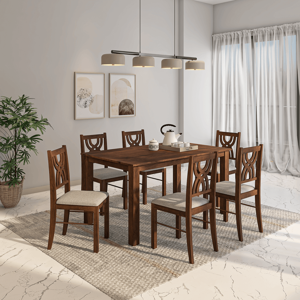 Oliver Mango Wood 6 Seater Dining Table Set In Walnut