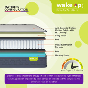 Wakeup India | Luxuriate Hybrid Mattress | Memory foam with Pocket Spring | 15 Years Warranty | Medium Firm