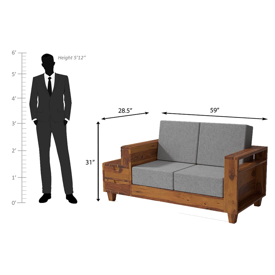 Gezeling Sheesham Wood Sofa with 2 drawers in Light Honey