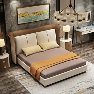 Arborwood Upholstered Bed in Beige and Brown Colour With Box Storage