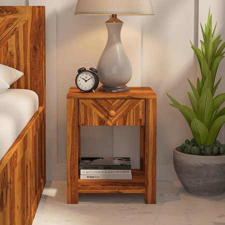 Alpha Sheesham Wood Bedside Table Light Honey