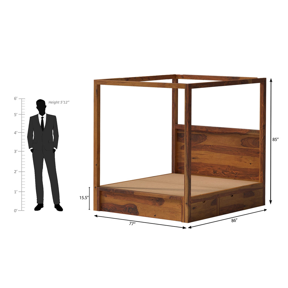 Canopy Sheesham Wood Bed With Drawer Storage in Light Honey colour