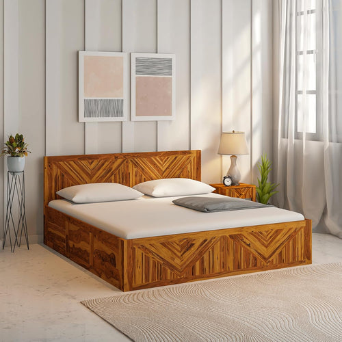 Gamma Sheesham Wood Bed With Box Storage in Light Honey colour