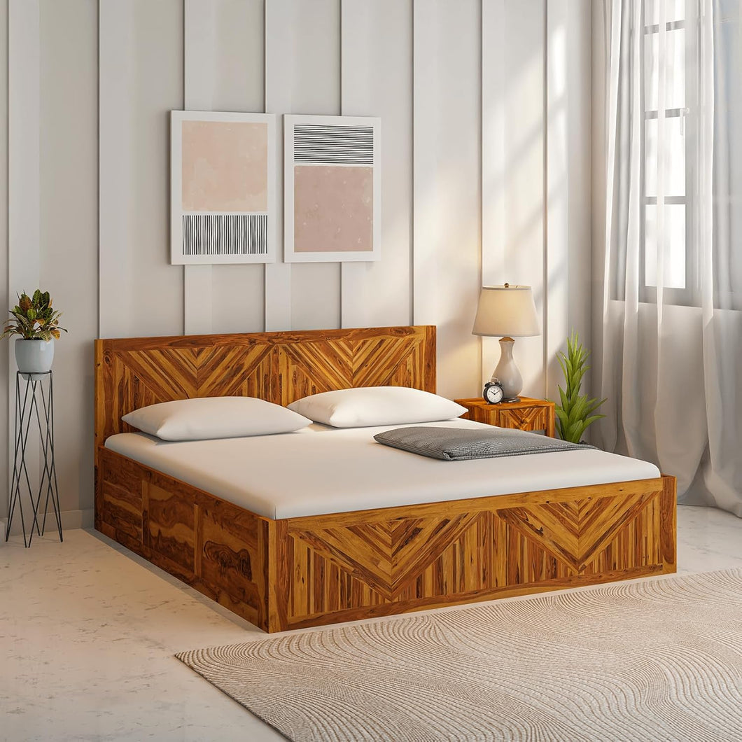 Gamma Sheesham Wood Bed With Box Storage in Light Honey colour