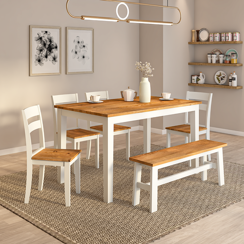 Flay Mango Wood Dining Table Set(6 Seater) In Natural White