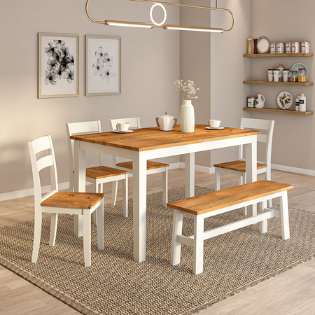Flay Mango Wood Dining Table Set(6 Seater) In Natural White