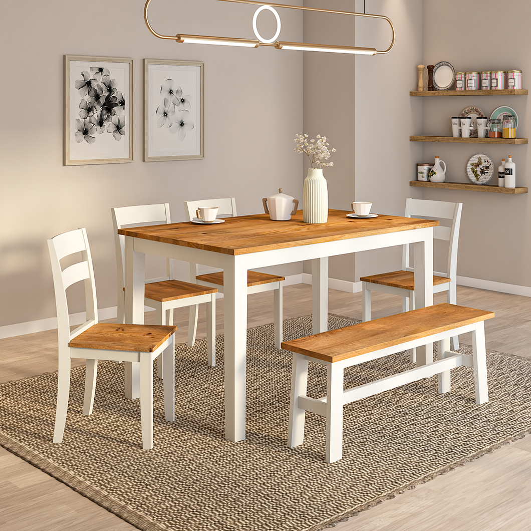 Flay Mango Wood Dining Table Set(6 Seater) In Natural White
