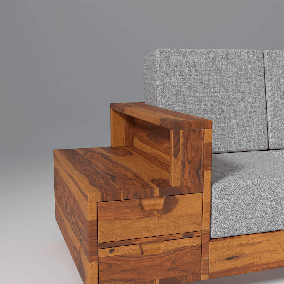 Gezeling Sheesham Wood Sofa with 2 drawers in Light Honey