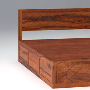 Lofted Sheesham Wood Hydraulic Bed with Box Storage in Maharani Color