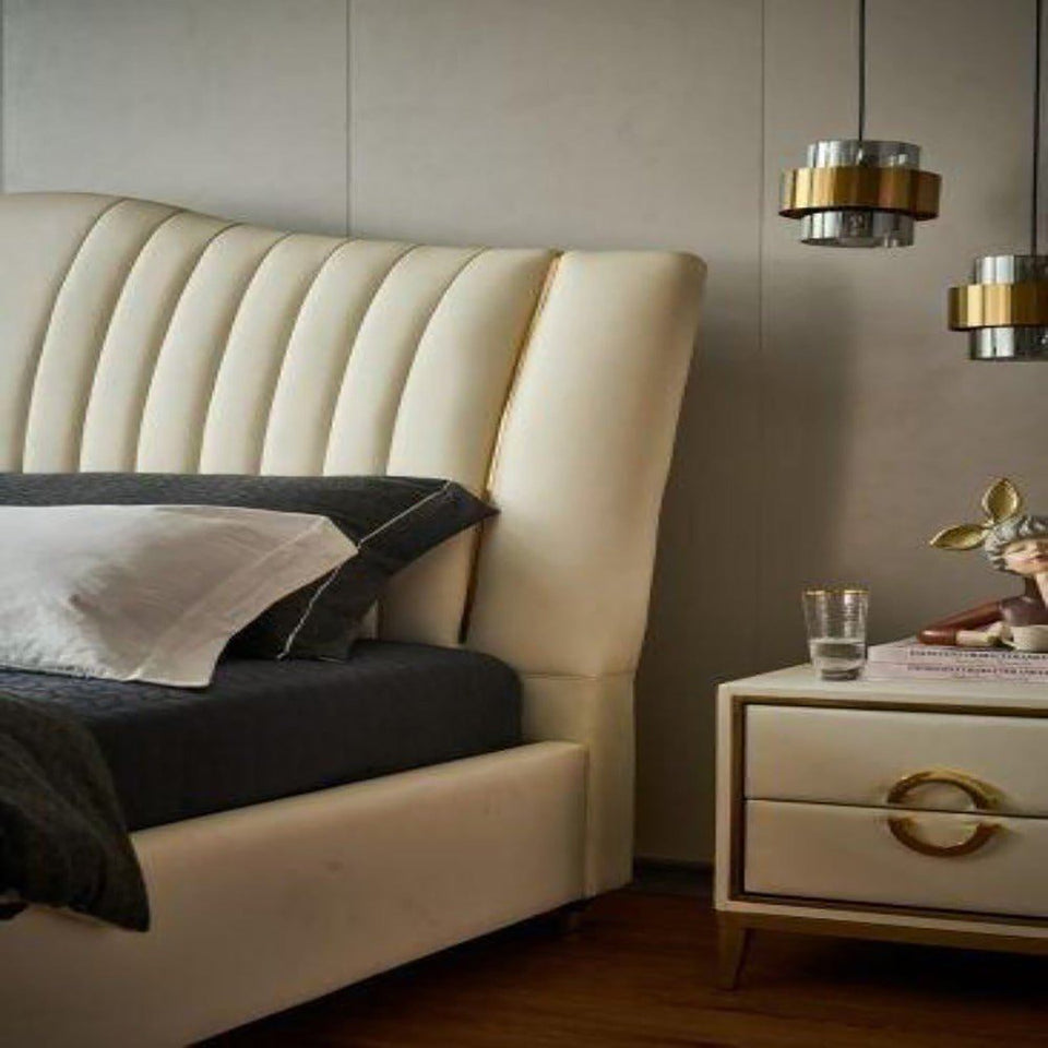 Ashford King size Upholstered Bed in Beige Colour With Box Storage