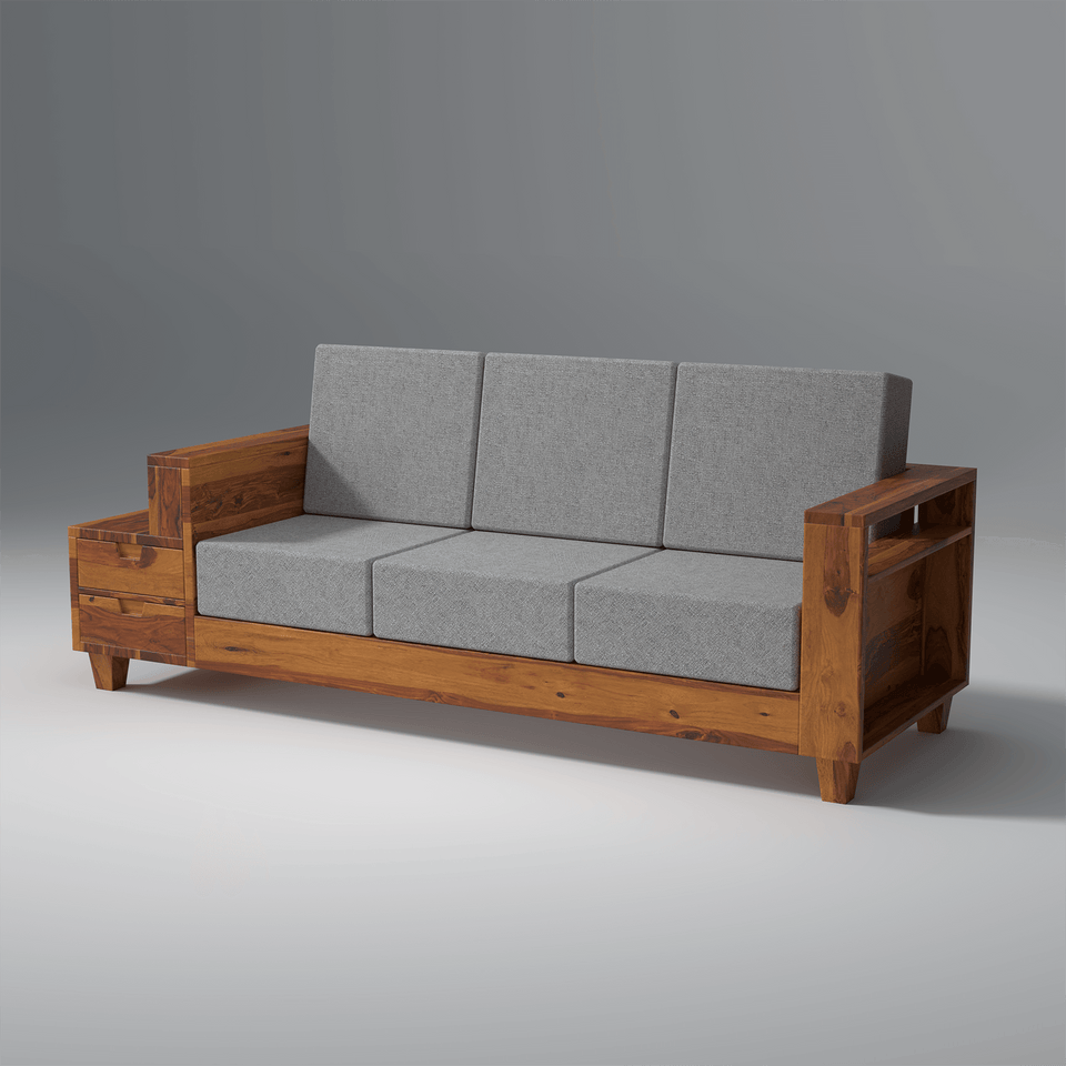 Gezeling Sheesham Wood Sofa with 2 drawers in Light Honey