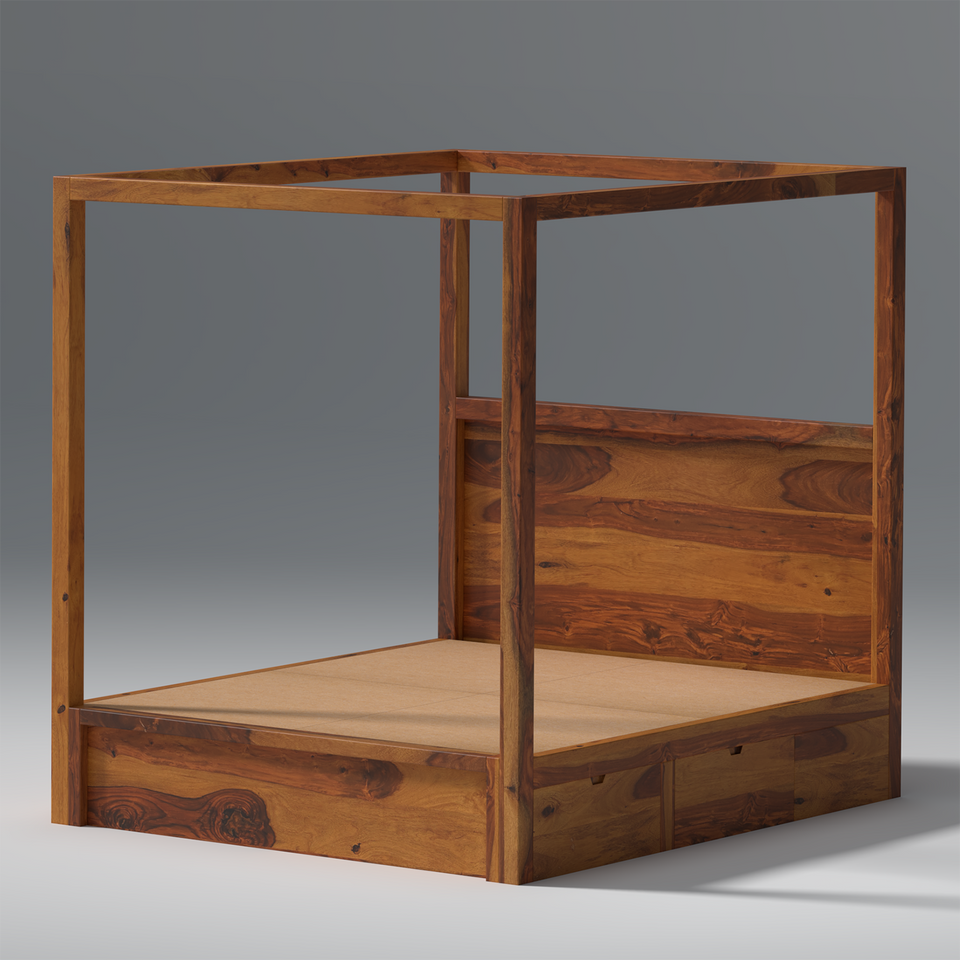 Canopy Sheesham Wood Bed With Drawer Storage in Light Honey colour