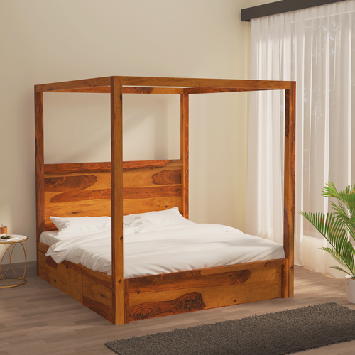 Canopy Sheesham Wood Bed With Drawer Storage in Light Honey colour