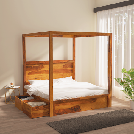 Canopy Sheesham Wood Bed With Drawer Storage in Light Honey colour