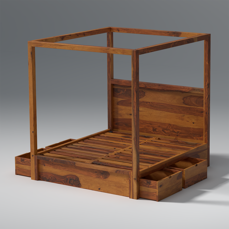 Canopy Sheesham Wood Bed With Drawer Storage in Light Honey colour