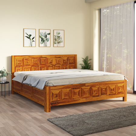 Ember Sheesham Wood Hydraulic Bed in Light Honey Finish With Box Storage