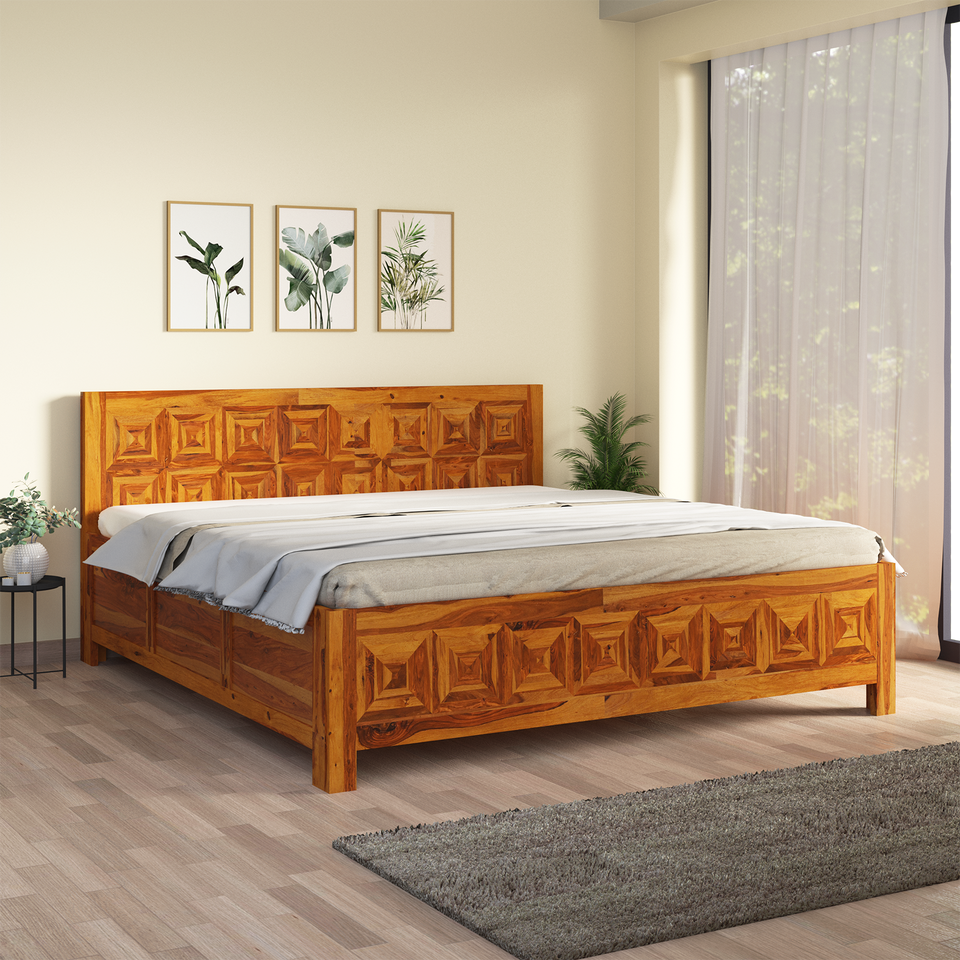 Ember Sheesham Wood Hydraulic Bed in Light Honey Finish With Box Storage