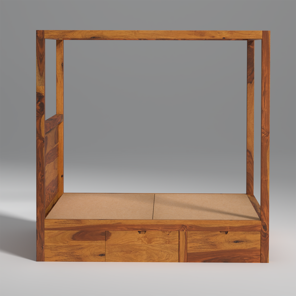 Canopy Sheesham Wood Bed With Drawer Storage in Light Honey colour
